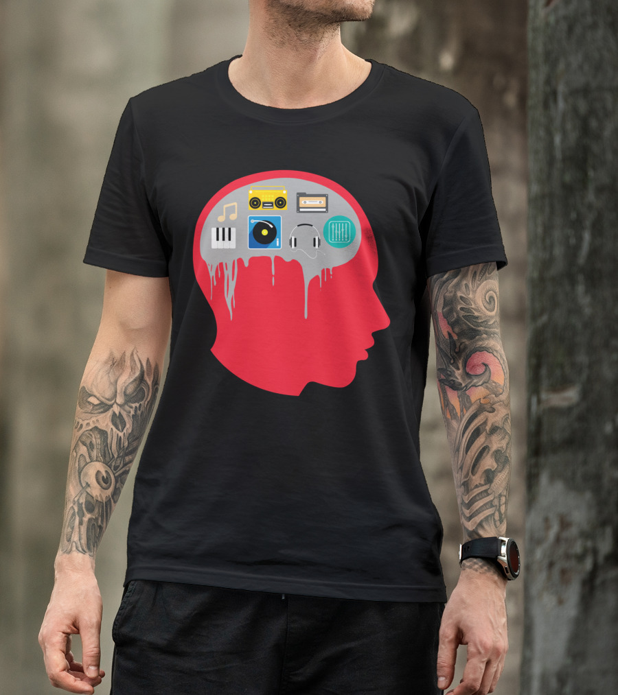 Music On The Mind With Icons Of Notes, Keyboard, Turntable, Headphones, Cassette, Boombox, And Equalizer T-Shirt