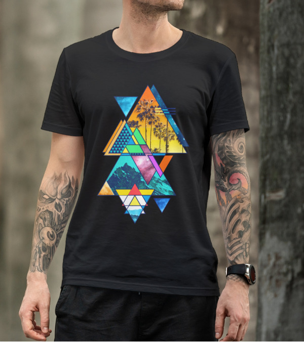 Summer Palm Trees And Mountain Geometric Retro Triangles T-Shirt