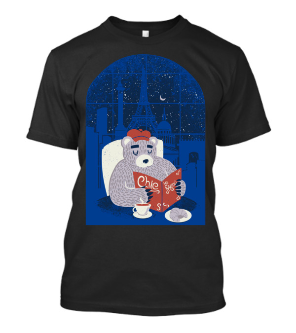 Parisian Bear Chic Le Menu Eiffel Night Croissant Beret T-Shirt