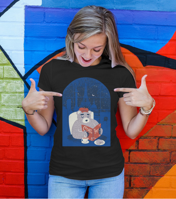 Parisian Bear Chic Le Menu Eiffel Night Croissant Beret T-Shirt