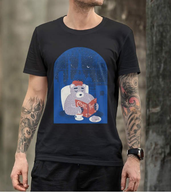 Parisian Bear Chic Le Menu Eiffel Night Croissant Beret T-Shirt