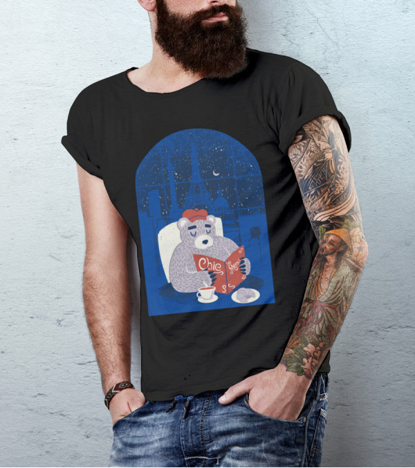 Parisian Bear Chic Le Menu Eiffel Night Croissant Beret T-Shirt