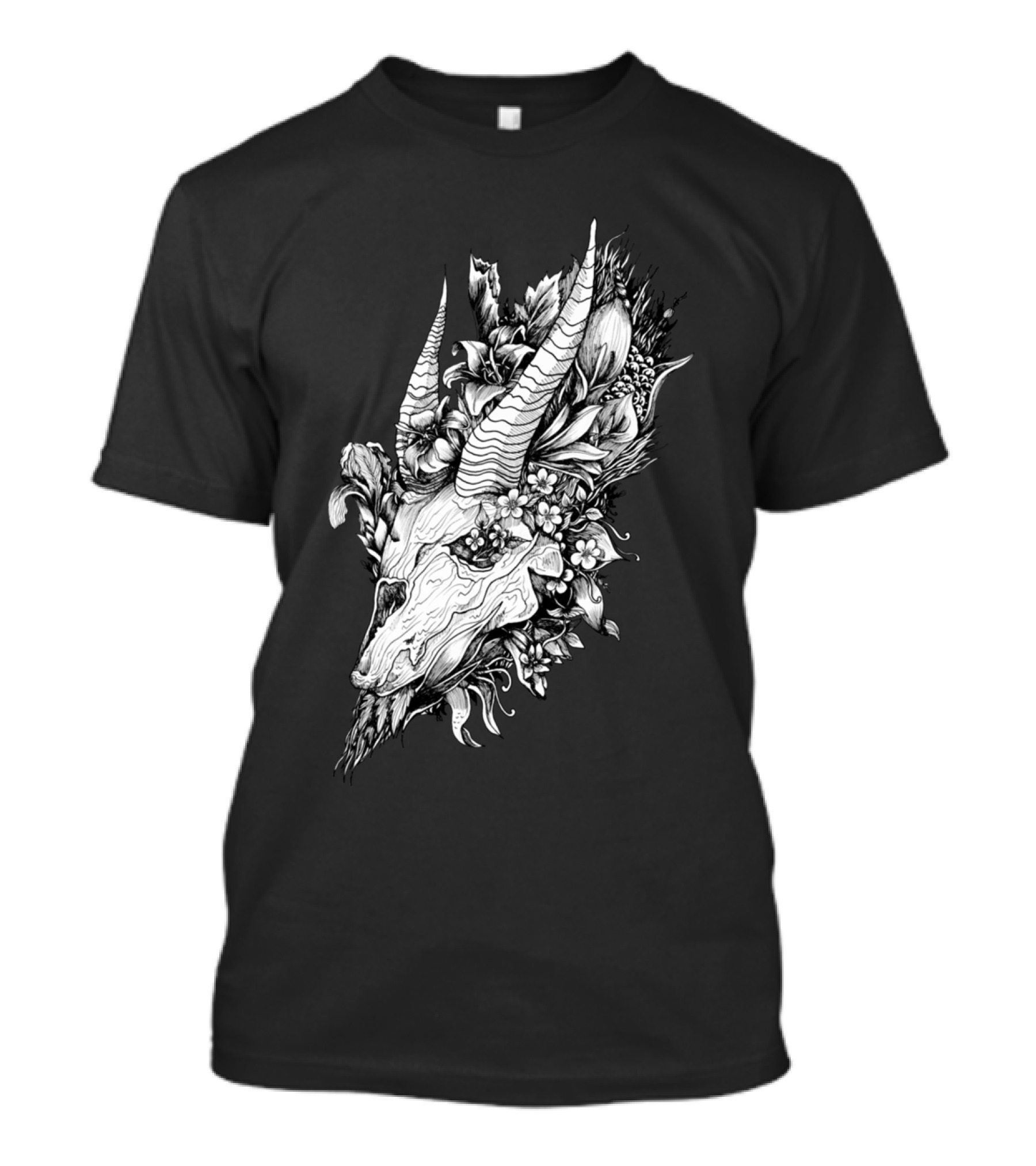 Skull And Detailed Floral Horned Nature T-Shirt