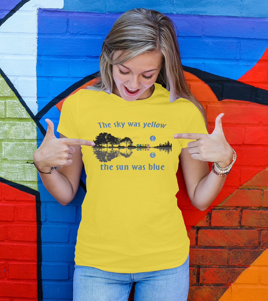 The Sky Was Yellow The Sun Was Blue Reflective Landscape And City Skyline T-Shirt