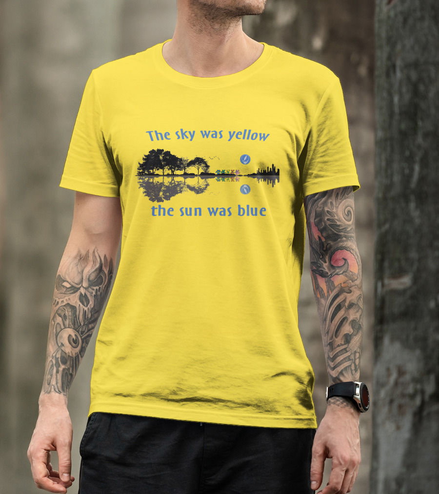 The Sky Was Yellow The Sun Was Blue Reflective Landscape And City Skyline T-Shirt