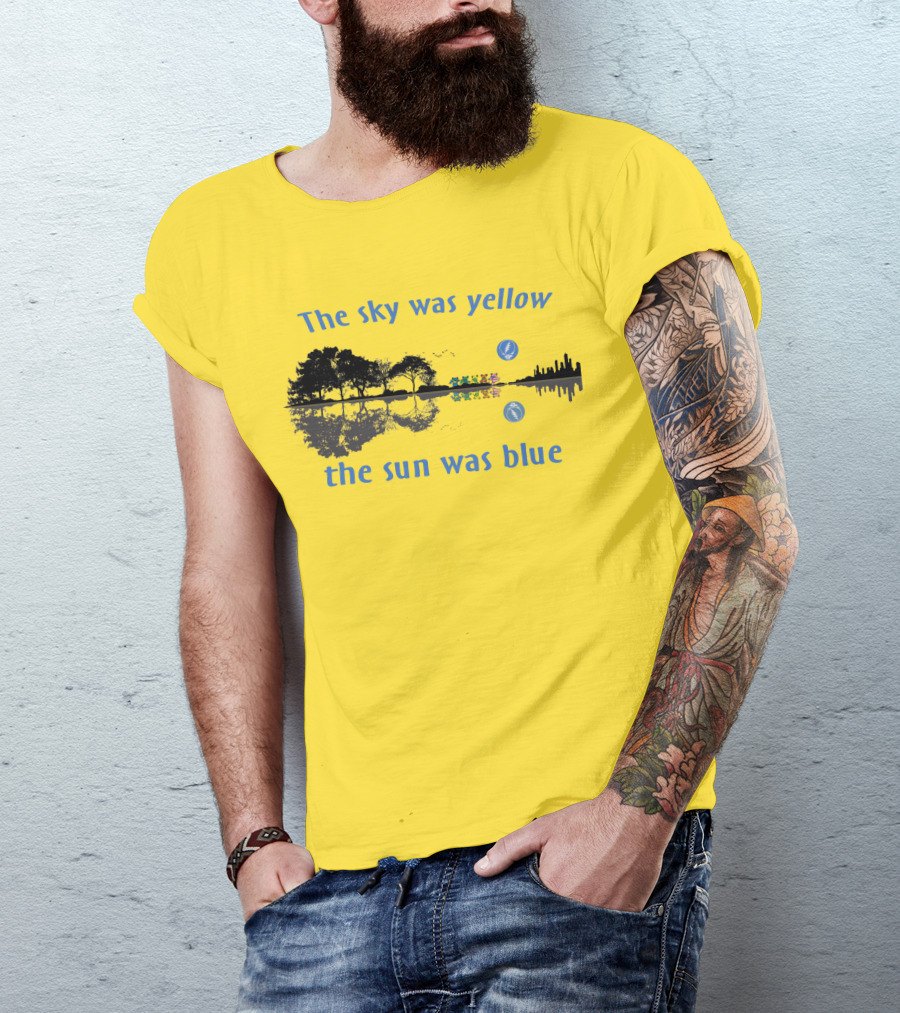 The Sky Was Yellow The Sun Was Blue Reflective Landscape And City Skyline T-Shirt