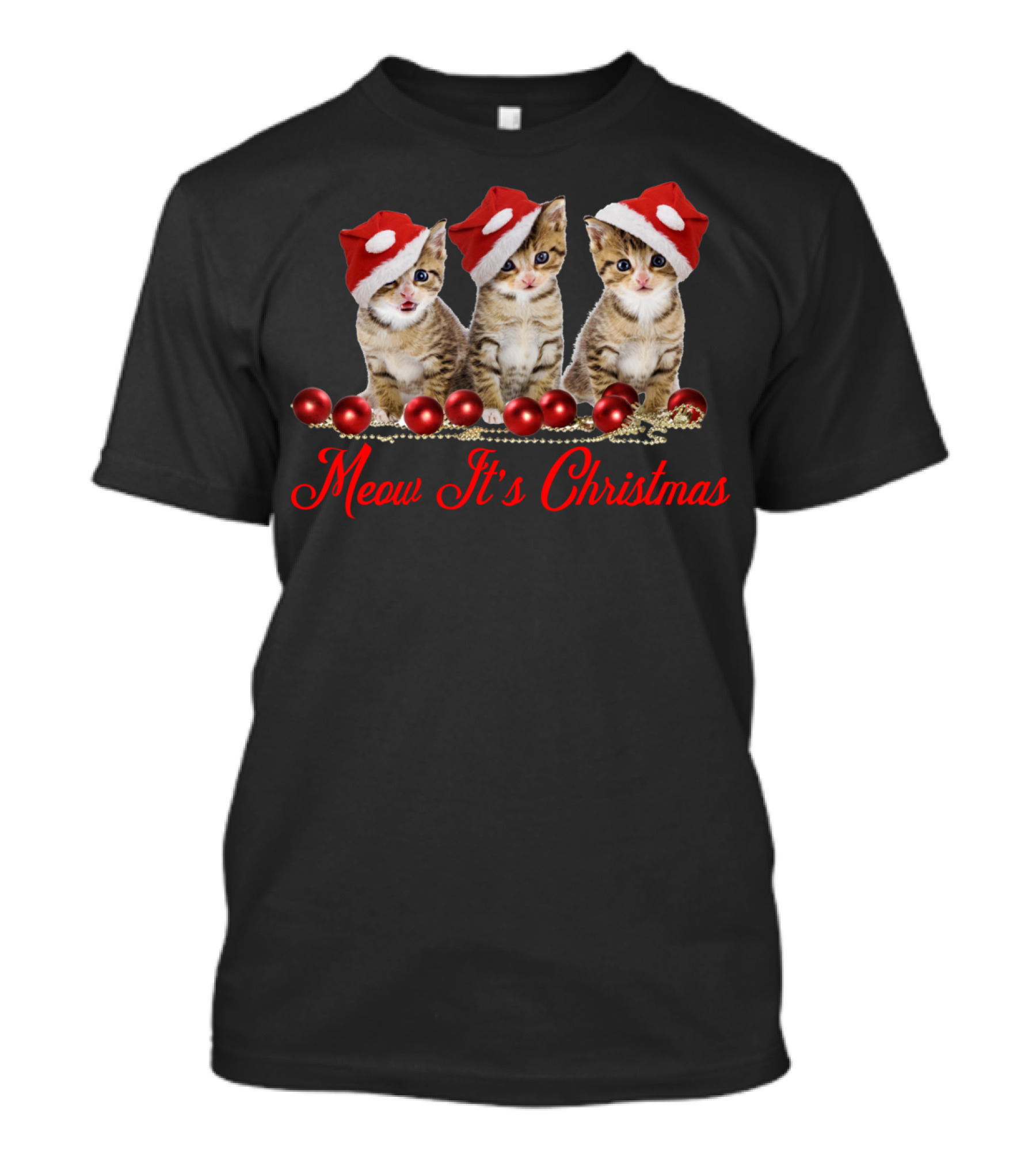 Meow It's Christmas Cute Cat Trio With Santa Hats And Red Ornaments T-Shirt