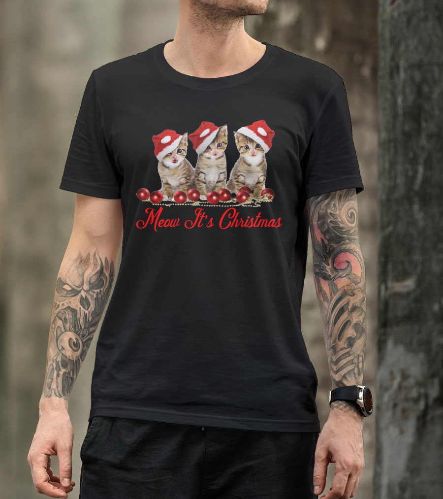 Meow It's Christmas Cute Cat Trio With Santa Hats And Red Ornaments T-Shirt