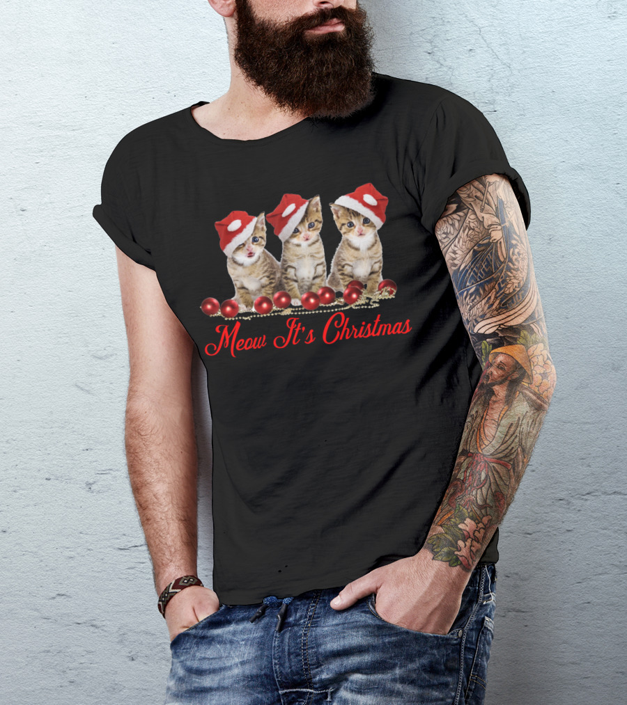 Meow It's Christmas Cute Cat Trio With Santa Hats And Red Ornaments T-Shirt