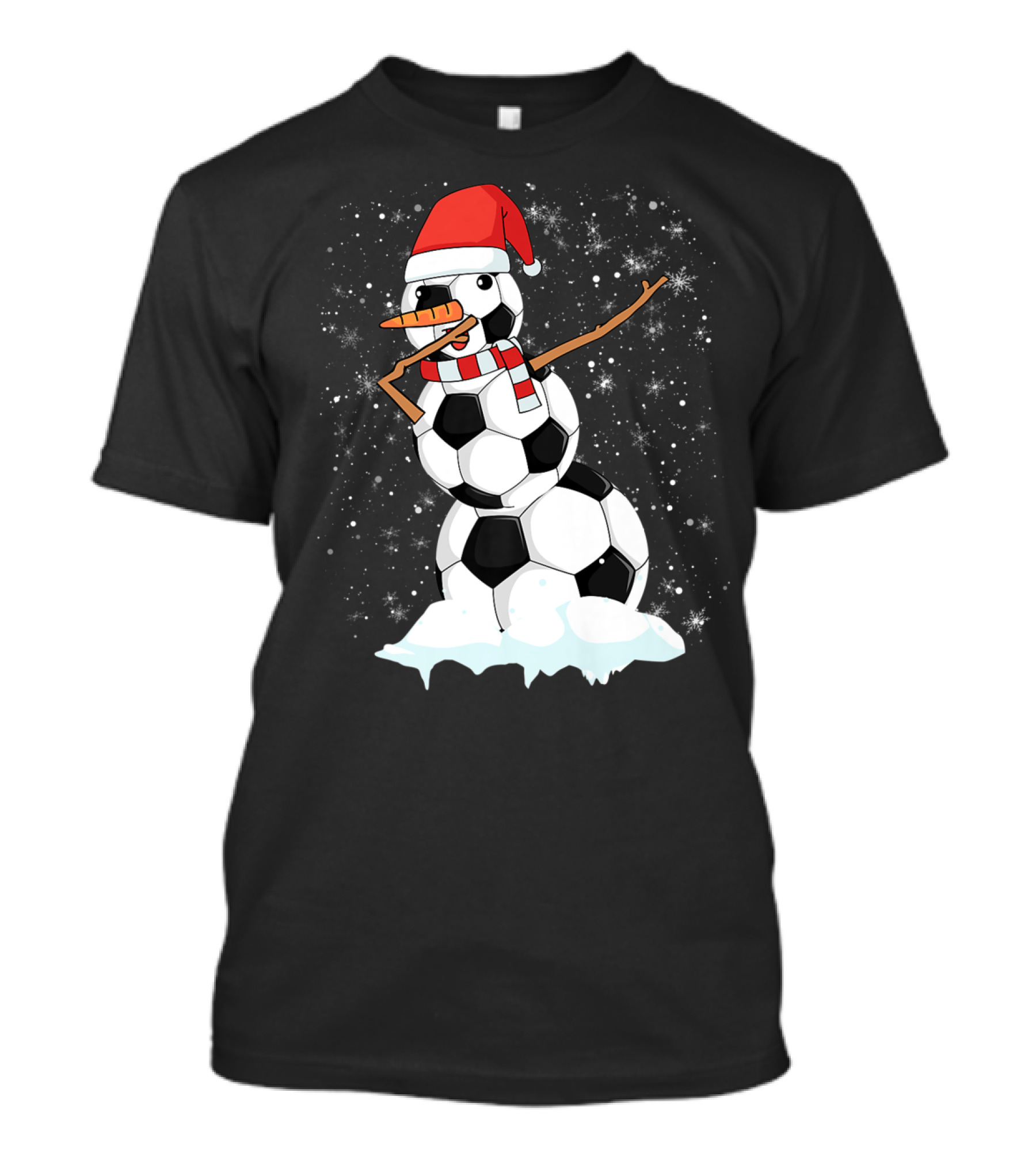 Dabbing Snowman With Soccer Ball Body In Santa Hat And Scarf T-Shirt