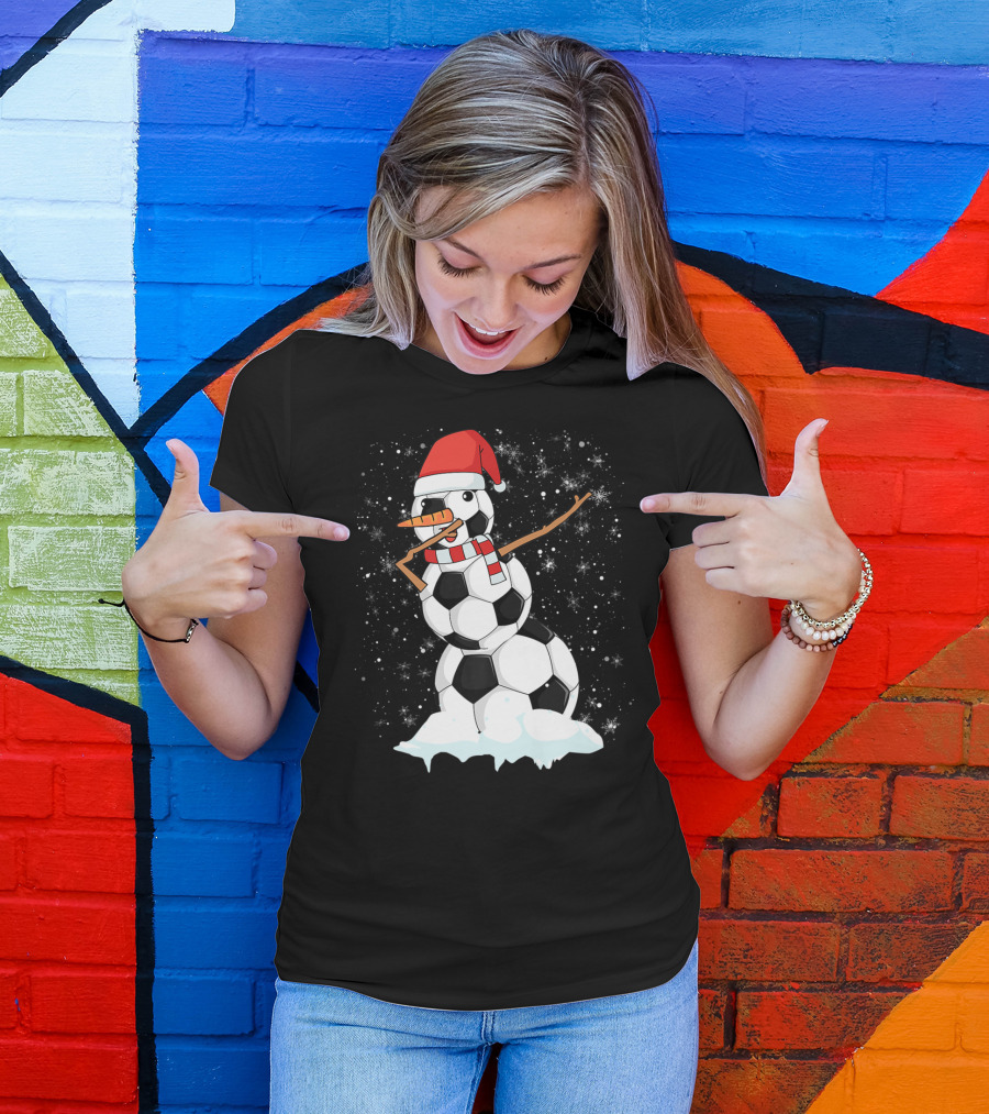Dabbing Snowman With Soccer Ball Body In Santa Hat And Scarf T-Shirt