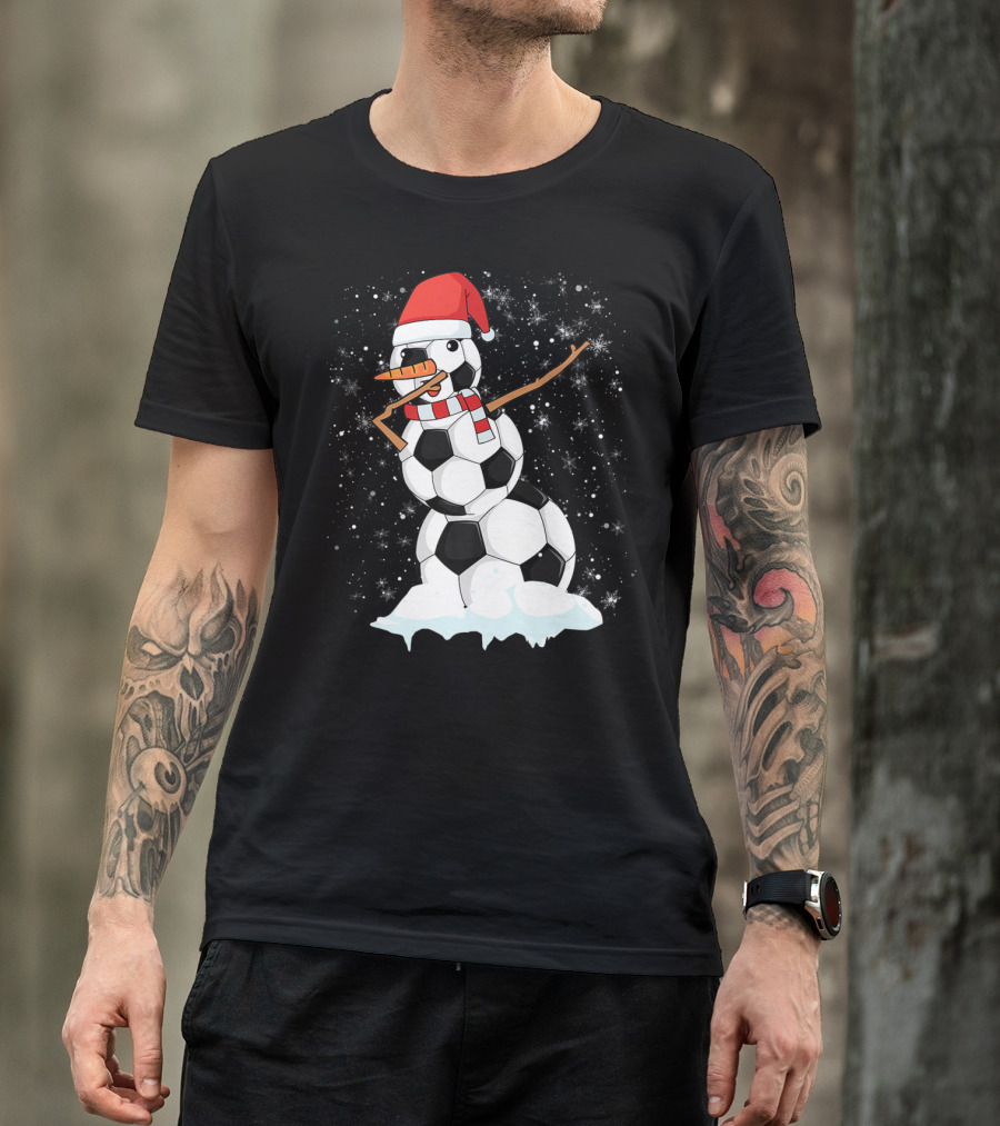 Dabbing Snowman With Soccer Ball Body In Santa Hat And Scarf T-Shirt
