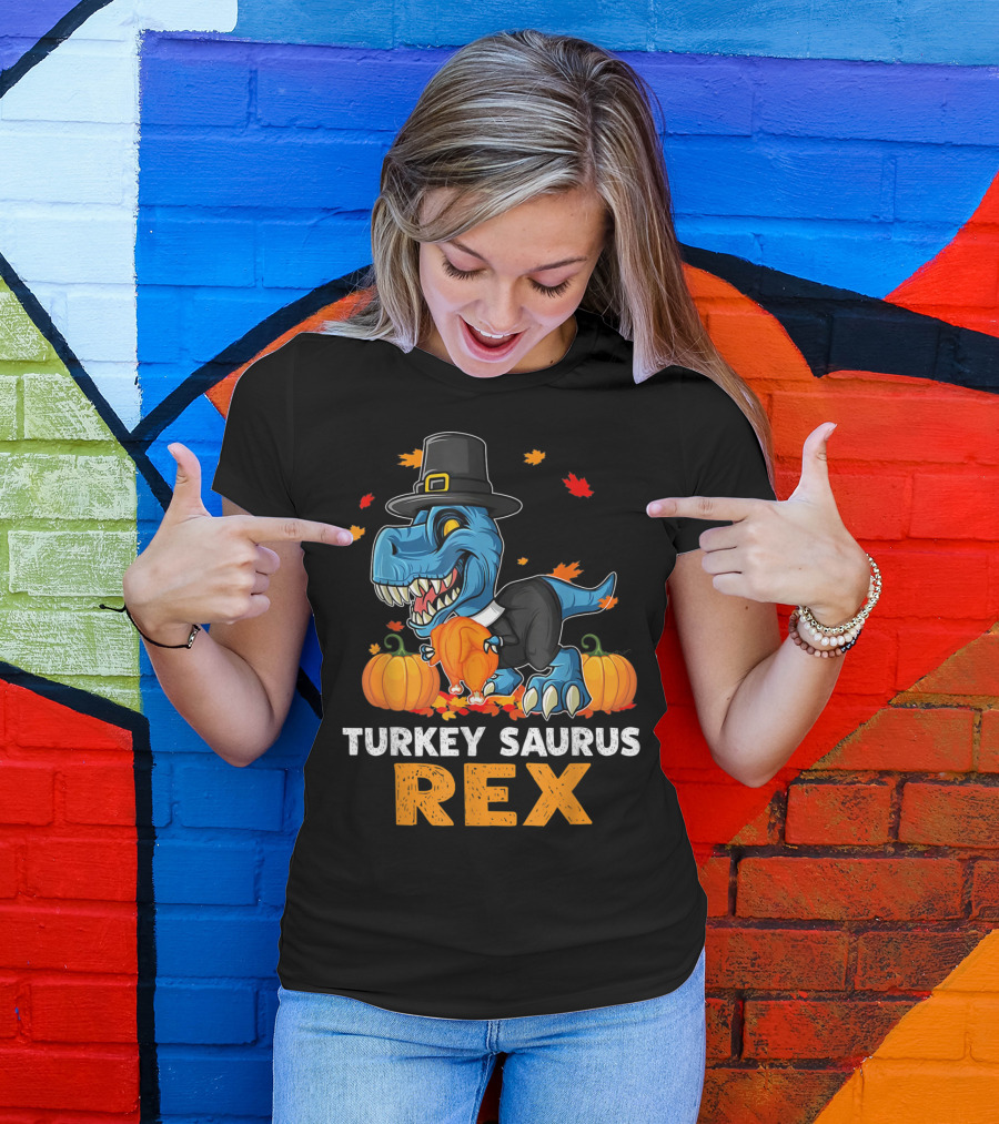 TURKEY SAURUS REX DINOSAUR THANKSGIVING BOYS PUMPKINS LEAVES PILGRIM HAT T-Shirt