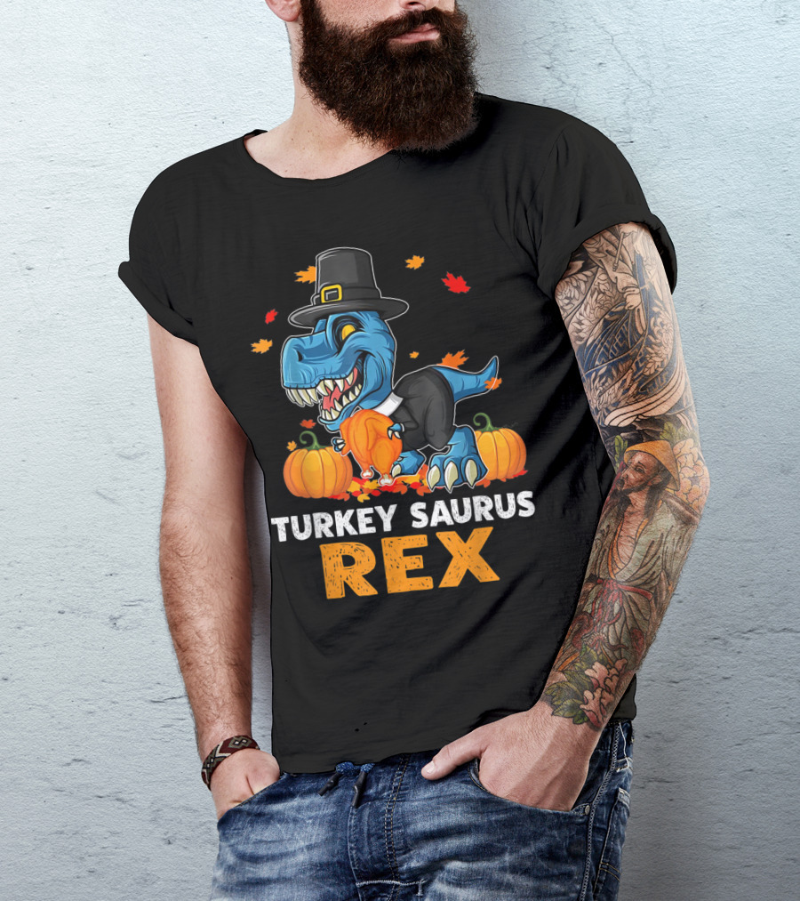TURKEY SAURUS REX DINOSAUR THANKSGIVING BOYS PUMPKINS LEAVES PILGRIM HAT T-Shirt