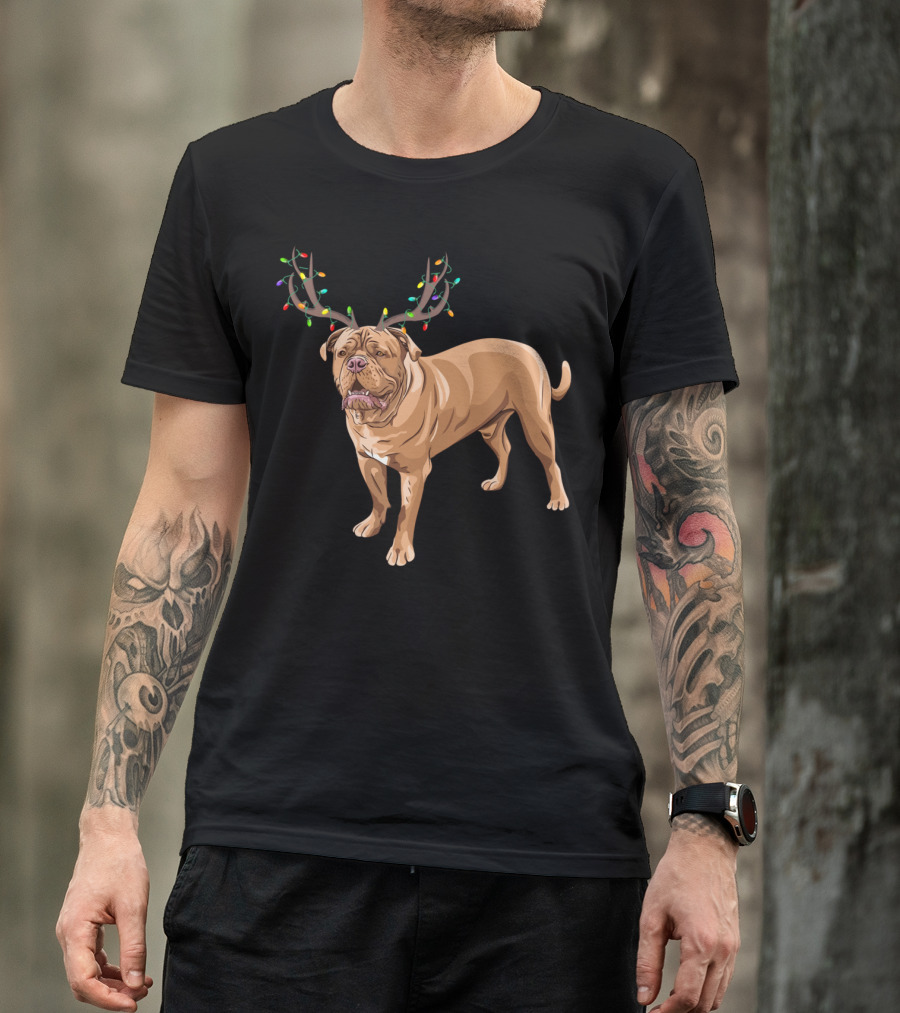 French Mastiff Reindeer Horn Funny Family Christmas Lights T-Shirt