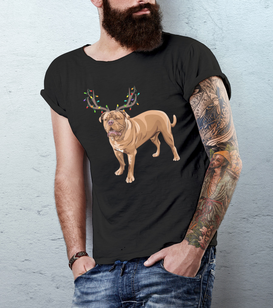 French Mastiff Reindeer Horn Funny Family Christmas Lights T-Shirt