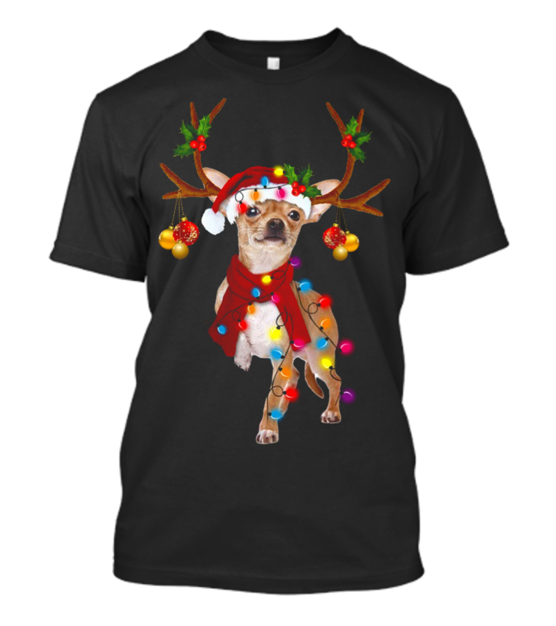 FUNNY CHIHUAHUA CHRISTMAS REINDEER WITH LIGHTS AND SANTA HAT T-Shirt