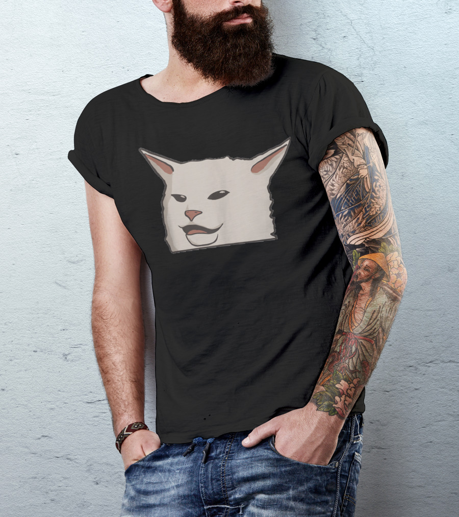 FUNNY DINNER TABLE CAT MEME WOMAN YELLING CONFUSED T-Shirt