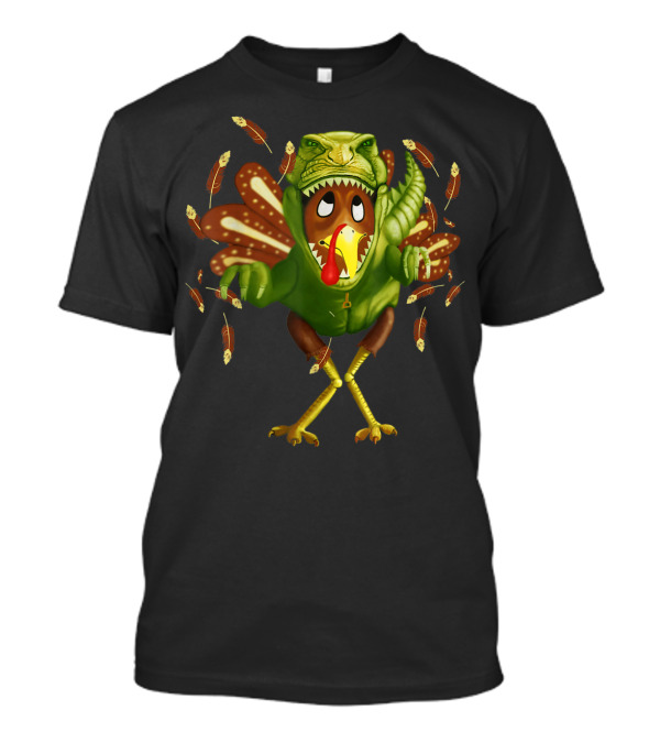 FUNNY TURKEY IN DINOSAUR COSTUME WITH SCARED EXPRESSION AND FALLING FEATHERS T-Shirt