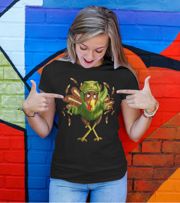 FUNNY TURKEY IN DINOSAUR COSTUME WITH SCARED EXPRESSION AND FALLING FEATHERS T-Shirt