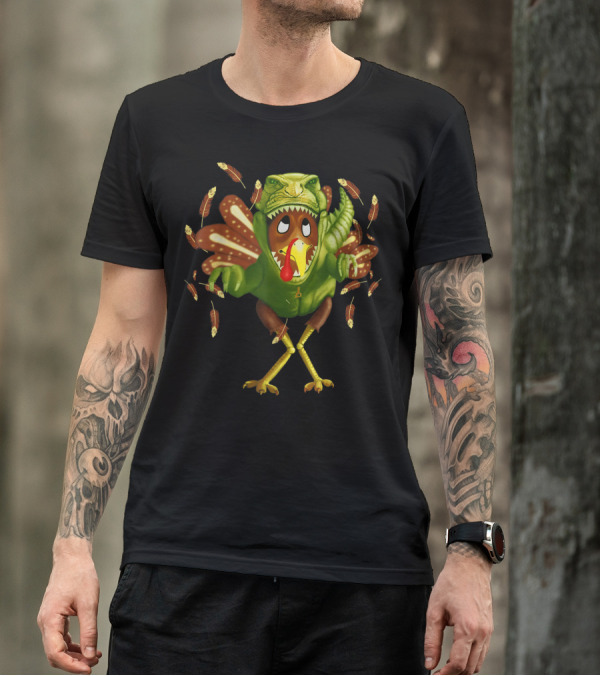 FUNNY TURKEY IN DINOSAUR COSTUME WITH SCARED EXPRESSION AND FALLING FEATHERS T-Shirt