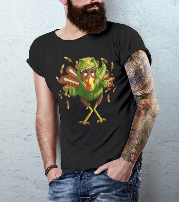 FUNNY TURKEY IN DINOSAUR COSTUME WITH SCARED EXPRESSION AND FALLING FEATHERS T-Shirt