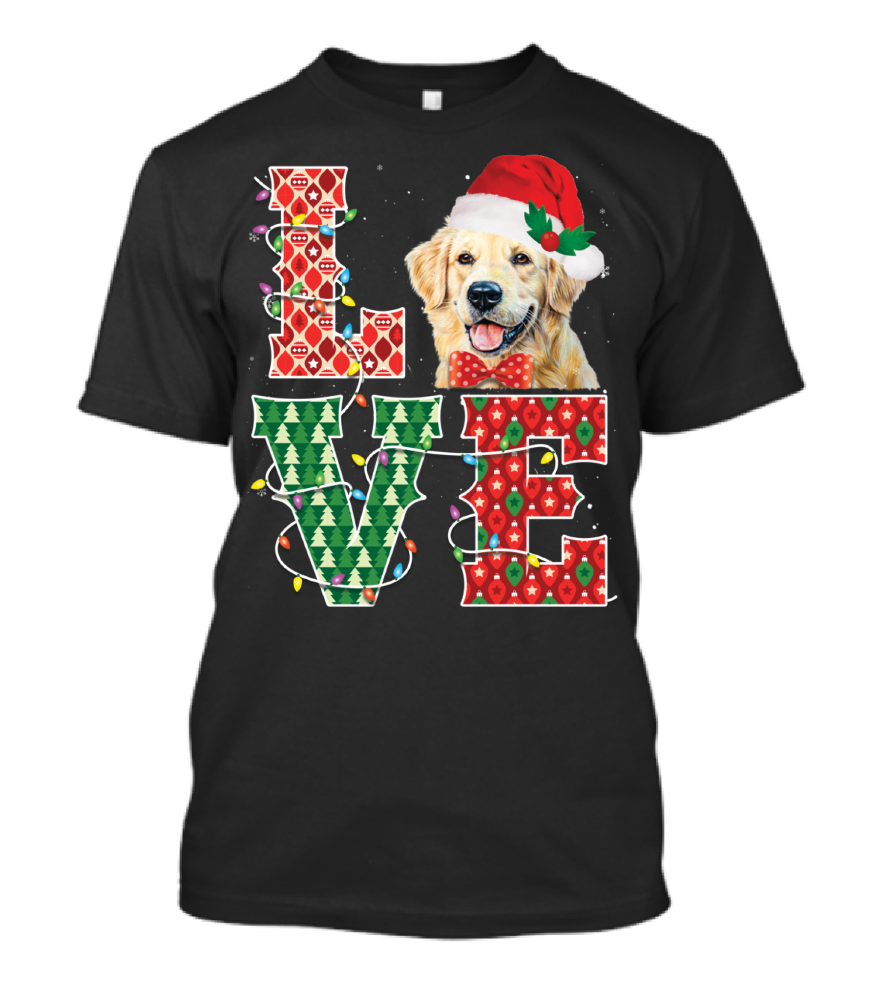 GOLDEN RETRIEVER LOVE CHRISTMAS LIGHTS SANTA HAT BOWTIE T-Shirt