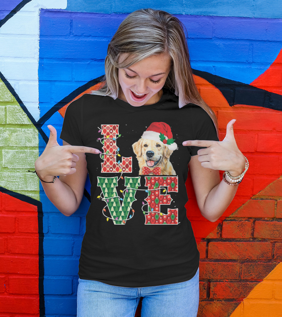 GOLDEN RETRIEVER LOVE CHRISTMAS LIGHTS SANTA HAT BOWTIE T-Shirt