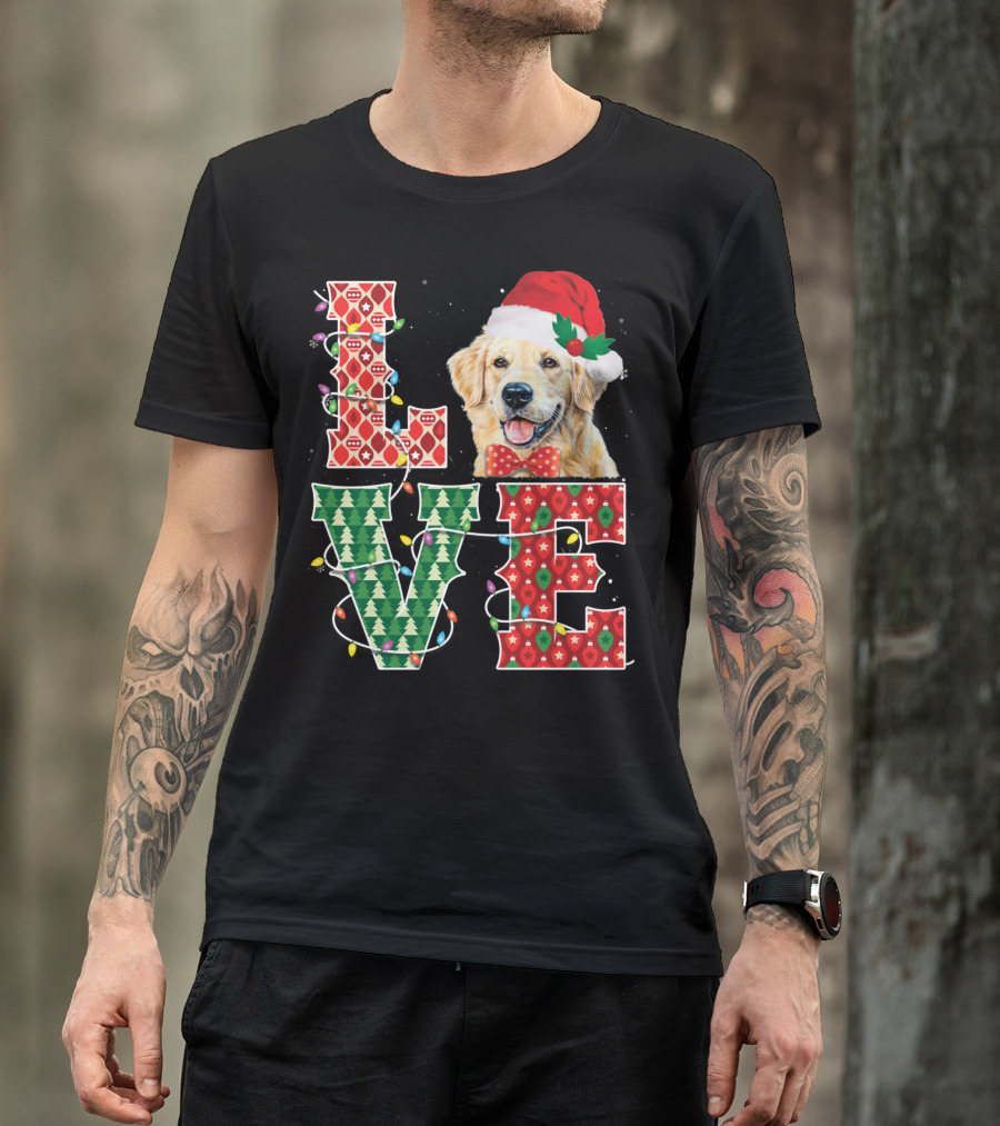 GOLDEN RETRIEVER LOVE CHRISTMAS LIGHTS SANTA HAT BOWTIE T-Shirt