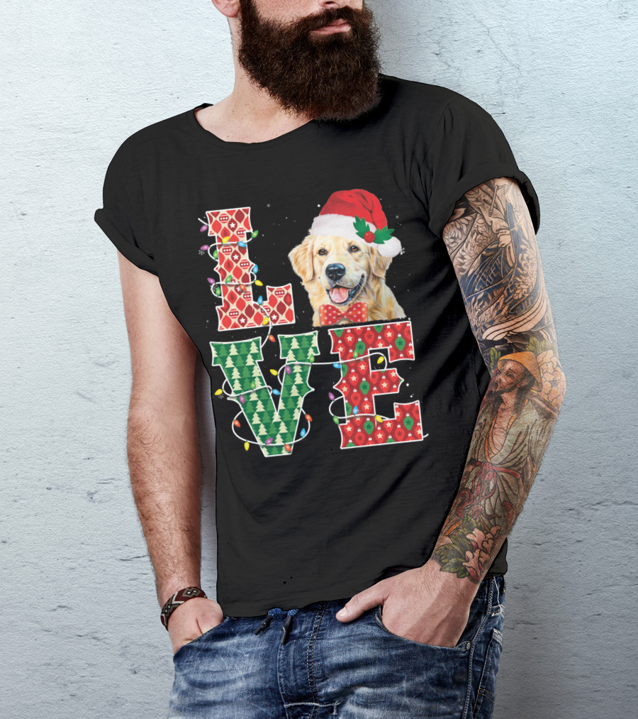 GOLDEN RETRIEVER LOVE CHRISTMAS LIGHTS SANTA HAT BOWTIE T-Shirt