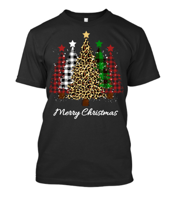 Merry Christmas Leopard And Buffalo Plaid Vintage Country Holiday Trees T-Shirt