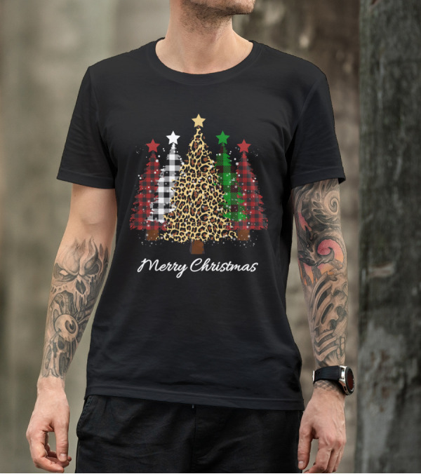 Merry Christmas Leopard And Buffalo Plaid Vintage Country Holiday Trees T-Shirt