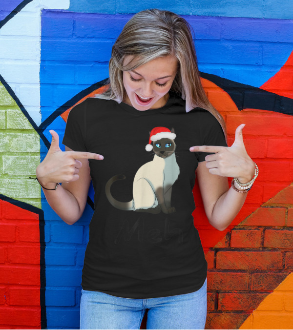 Meh Meow Funny Cat Siamese Lovers Santa Hat T-Shirt