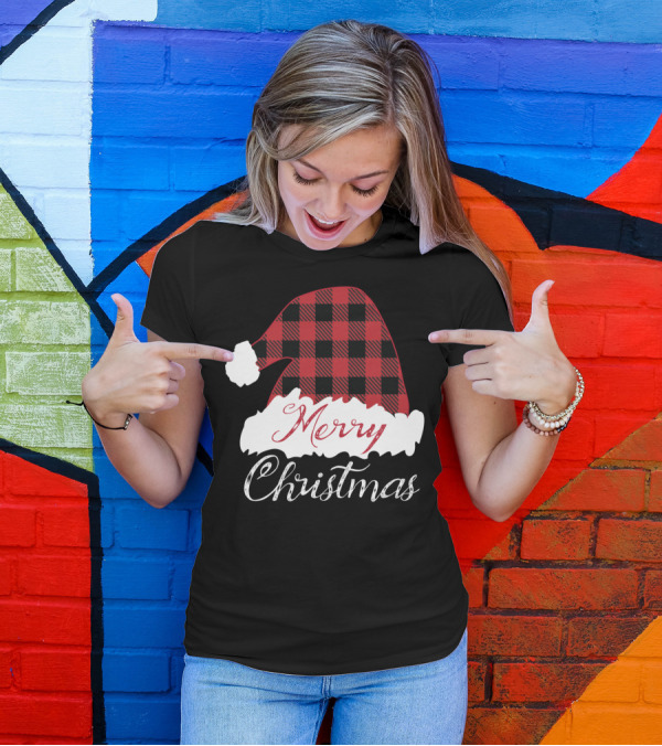 Merry Christmas Red Buffalo Plaid Santa Hat T-Shirt