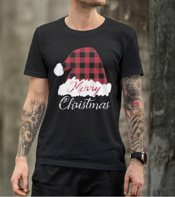 Merry Christmas Red Buffalo Plaid Santa Hat T-Shirt