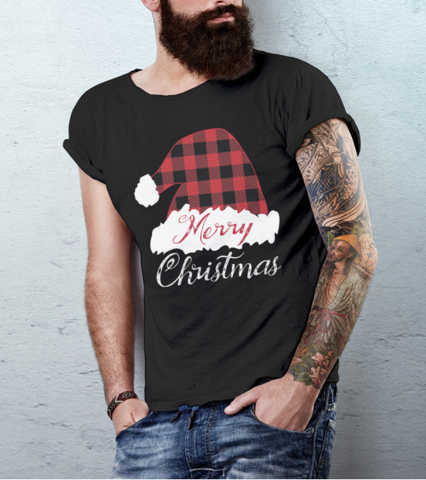 Merry Christmas Red Buffalo Plaid Santa Hat T-Shirt