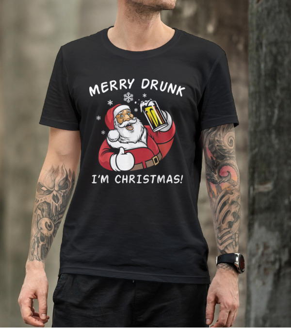 MERRY DRUNK I'M CHRISTMAS SANTA DRINK BEER WITH SNOWFLAKES T-Shirt