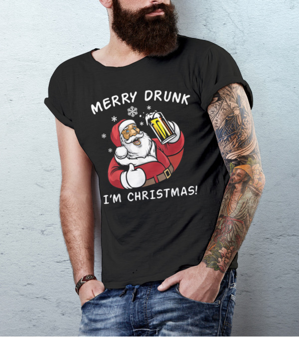 MERRY DRUNK I'M CHRISTMAS SANTA DRINK BEER WITH SNOWFLAKES T-Shirt