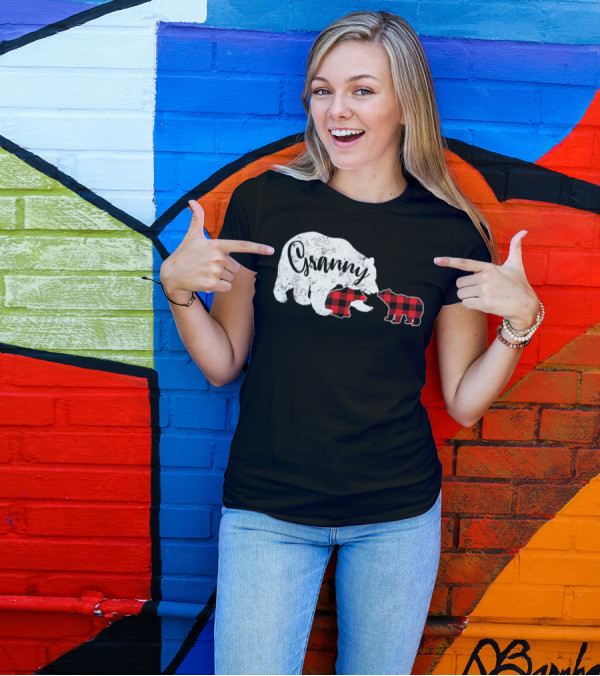 Granny Bear Red Plaid Two Cubs T-Shirt