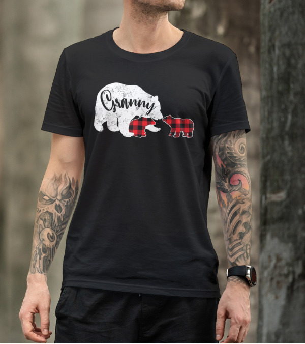 Granny Bear Red Plaid Two Cubs T-Shirt