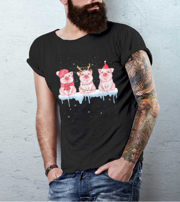 SANTA REINDEER PIGS SNOW FUNNY FARMING HOLIDAY FROSTY FESTIVE T-Shirt