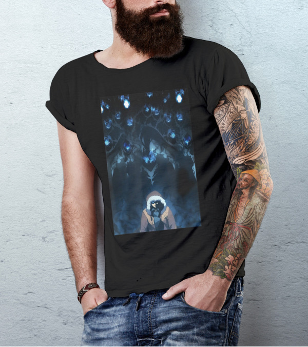 SOLO LEVELING COOLS Shadowy Figure Surrounded By Mysterious Blue Spirits T-Shirt