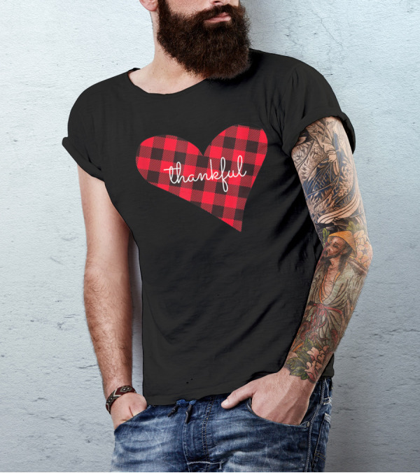 Thankful Buffalo Plaid Heart Thanksgiving T-Shirt