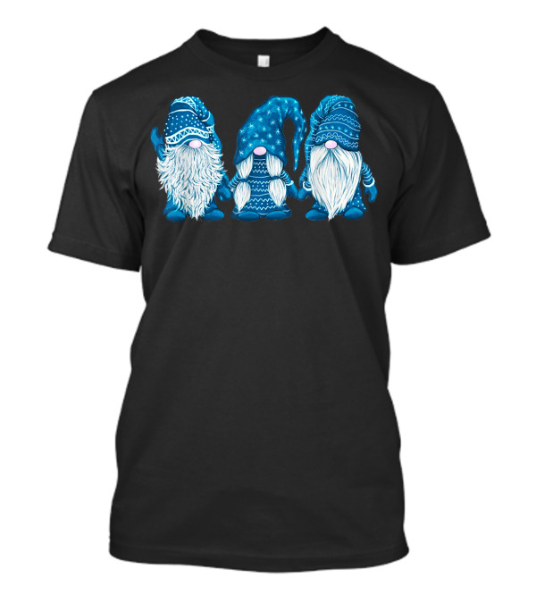 THREE GNOMES IN BLUE COSTUME WITH BEARDS AND POINTED HATS IN FESTIVE CHRISTMAS T-Shirt