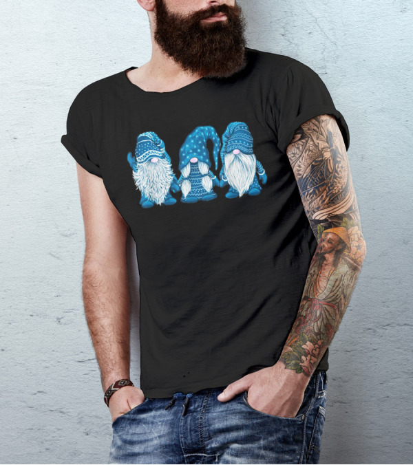 THREE GNOMES IN BLUE COSTUME WITH BEARDS AND POINTED HATS IN FESTIVE CHRISTMAS T-Shirt