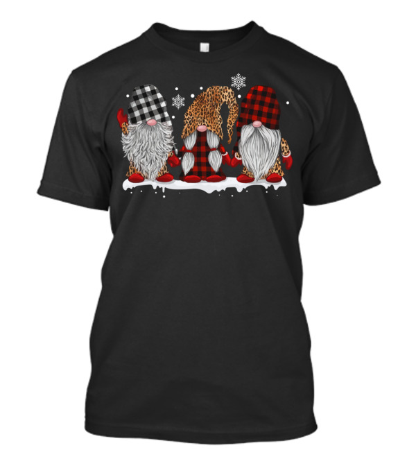 THREE GNOMES SNOW LEOPARD AND BUFFALO PLAID HATS WITH SNOWFLAKES AND BEARDS T-Shirt