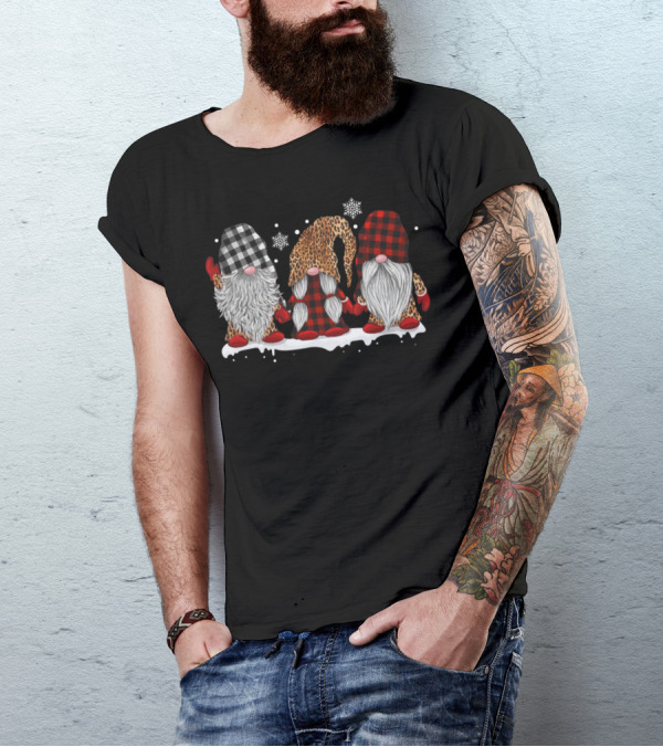 THREE GNOMES SNOW LEOPARD AND BUFFALO PLAID HATS WITH SNOWFLAKES AND BEARDS T-Shirt