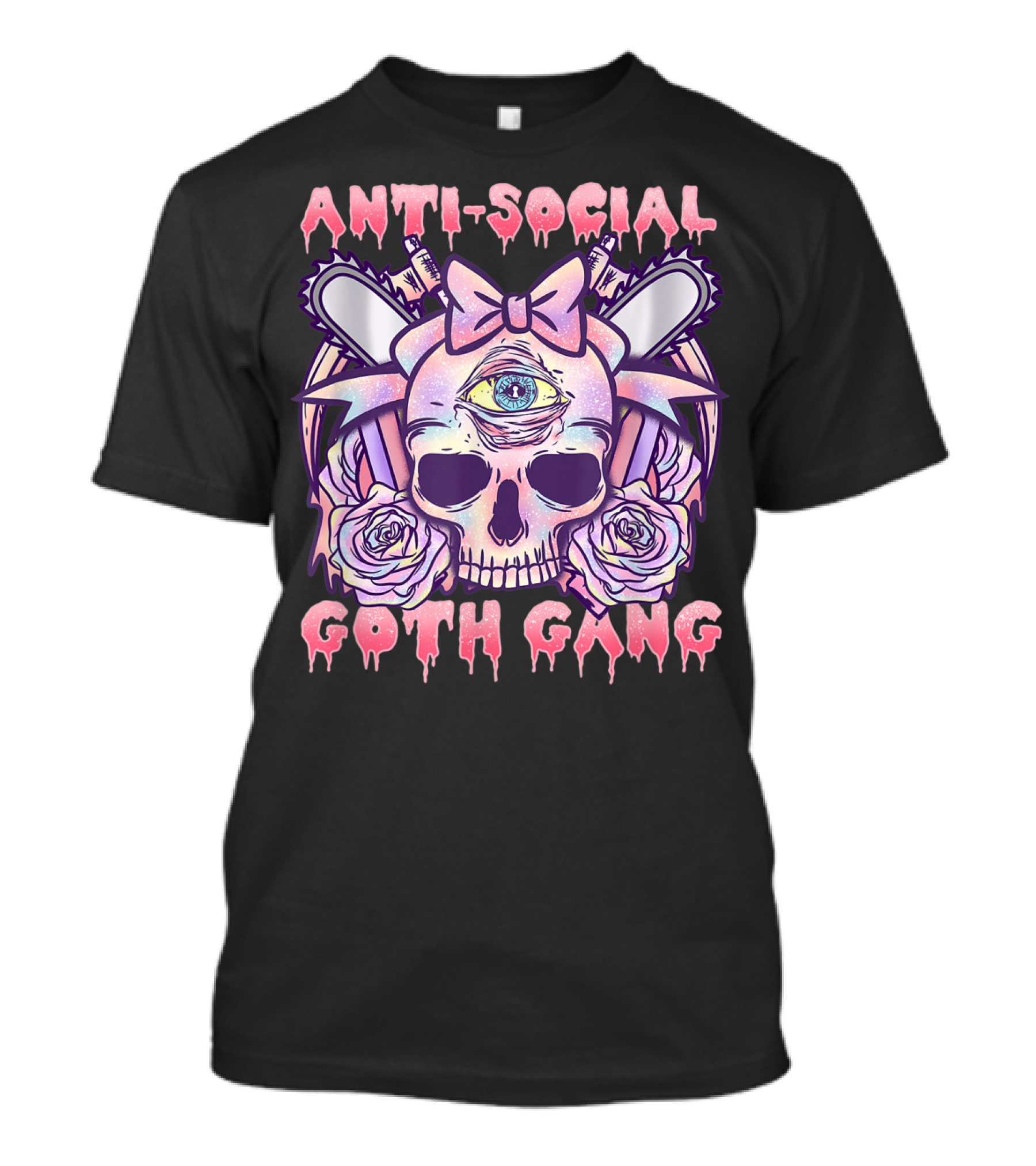 Anti Social Goth Gang Pastel Skull With Bow And Roses Anime Manga Kawaii T-Shirt