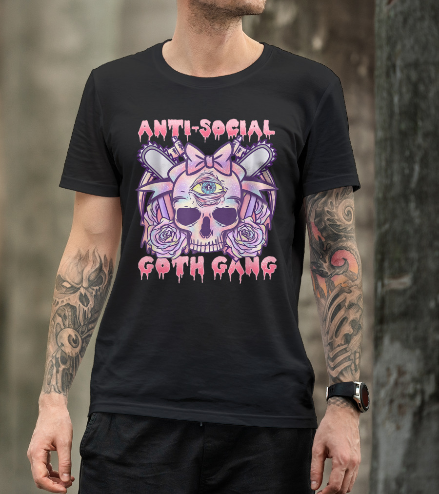 Anti Social Goth Gang Pastel Skull With Bow And Roses Anime Manga Kawaii T-Shirt