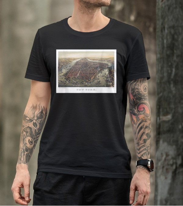 Antique Map Of New York City Manhattan Vintage Aerial View T-Shirt